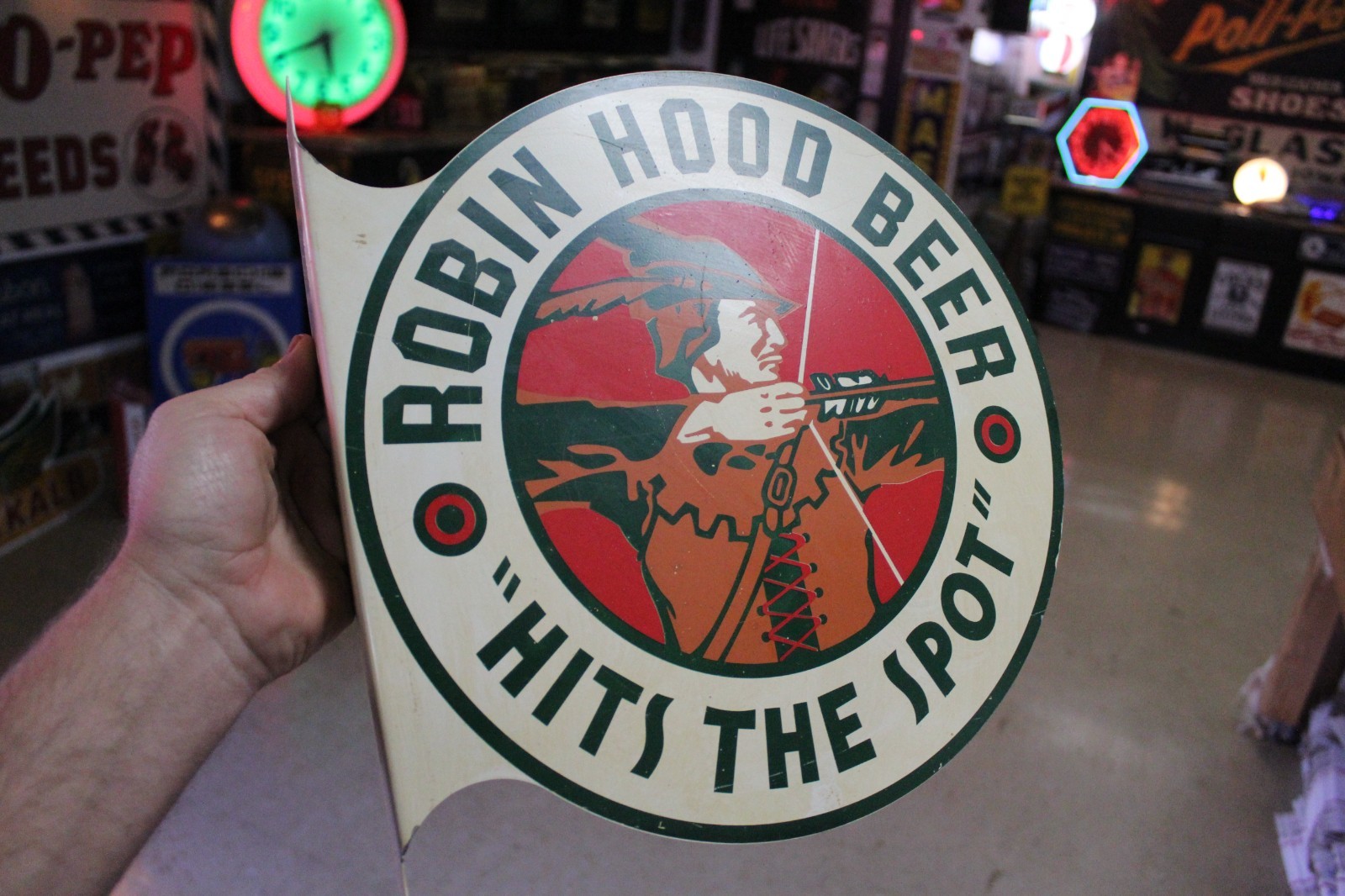 RARE 1950s ROBIN HOOD OMAHA NEBRASKA BEER PAINTED METAL 2-SIDED FLANGE SIGN RARE 1950s ROBIN HOOD OMAHA NEBRASKA BEER PAINTED METAL 2-SIDED FLANGE SIGN