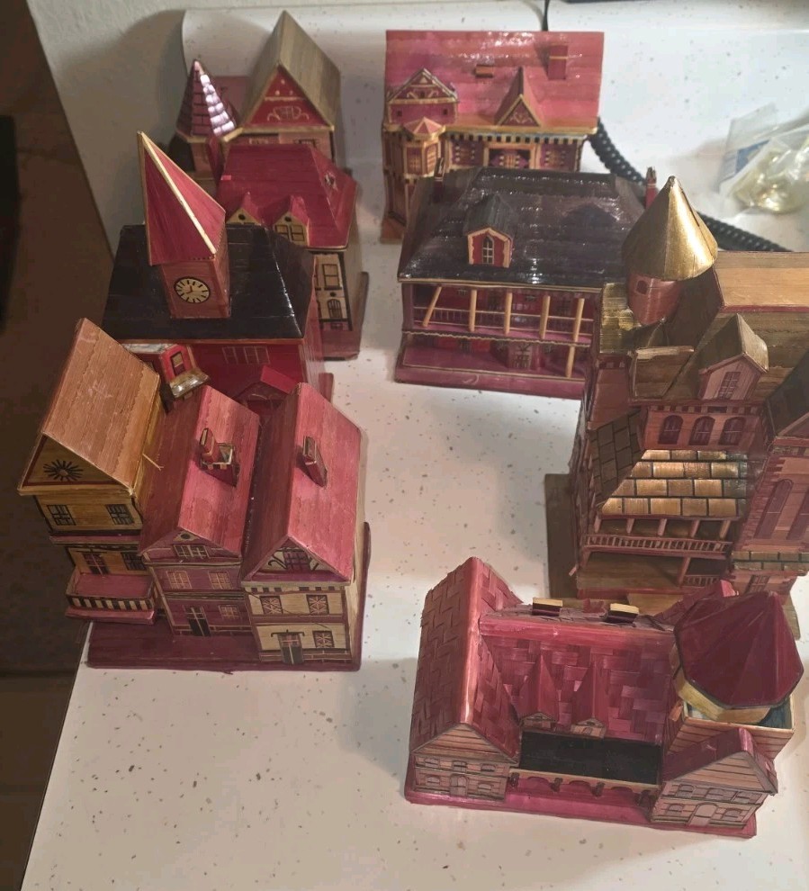 8 Vtg Straw Bamboo ? Houses Christmas Village Boxes 1960s Victorian 8 Vtg Straw Bamboo ? Houses Christmas Village Boxes 1960s Victorian