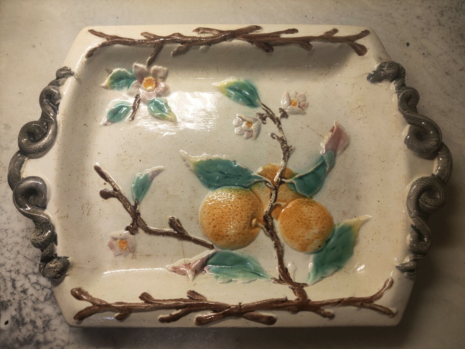 Majolica Antique Platter, Lemon Branch and Snake, 19th Century, Authentic, Rare