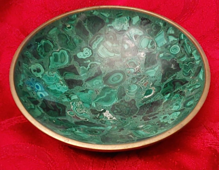 Antique Brass Rimmed Round Malachite larger Bowl 6.25" Antique Brass Rimmed Round Malachite larger Bowl 6.25"
