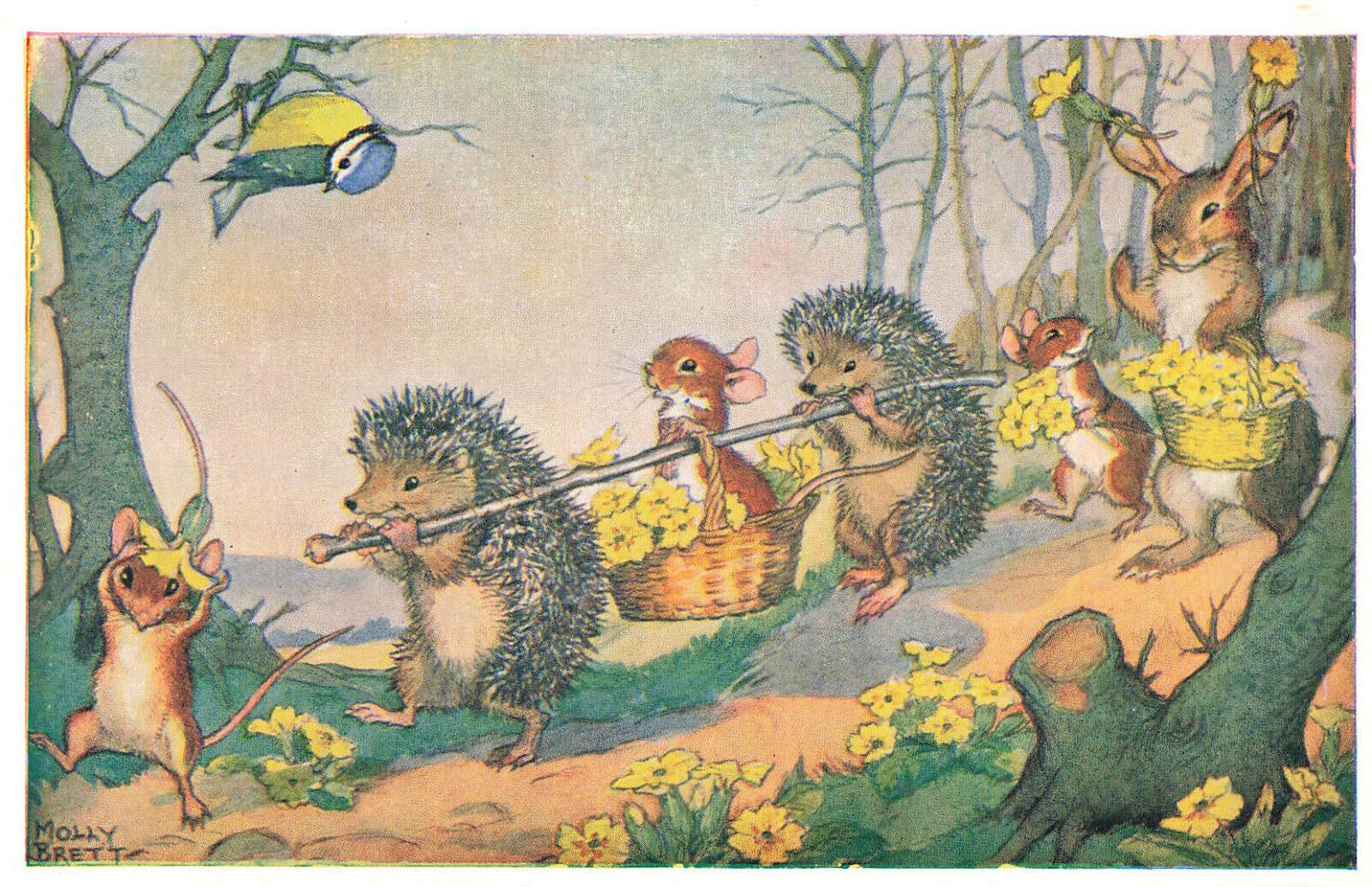 Charming Medici Artist-Signed Molly Brett Fantasy Mice Rabbit Hedgehogs Postcard