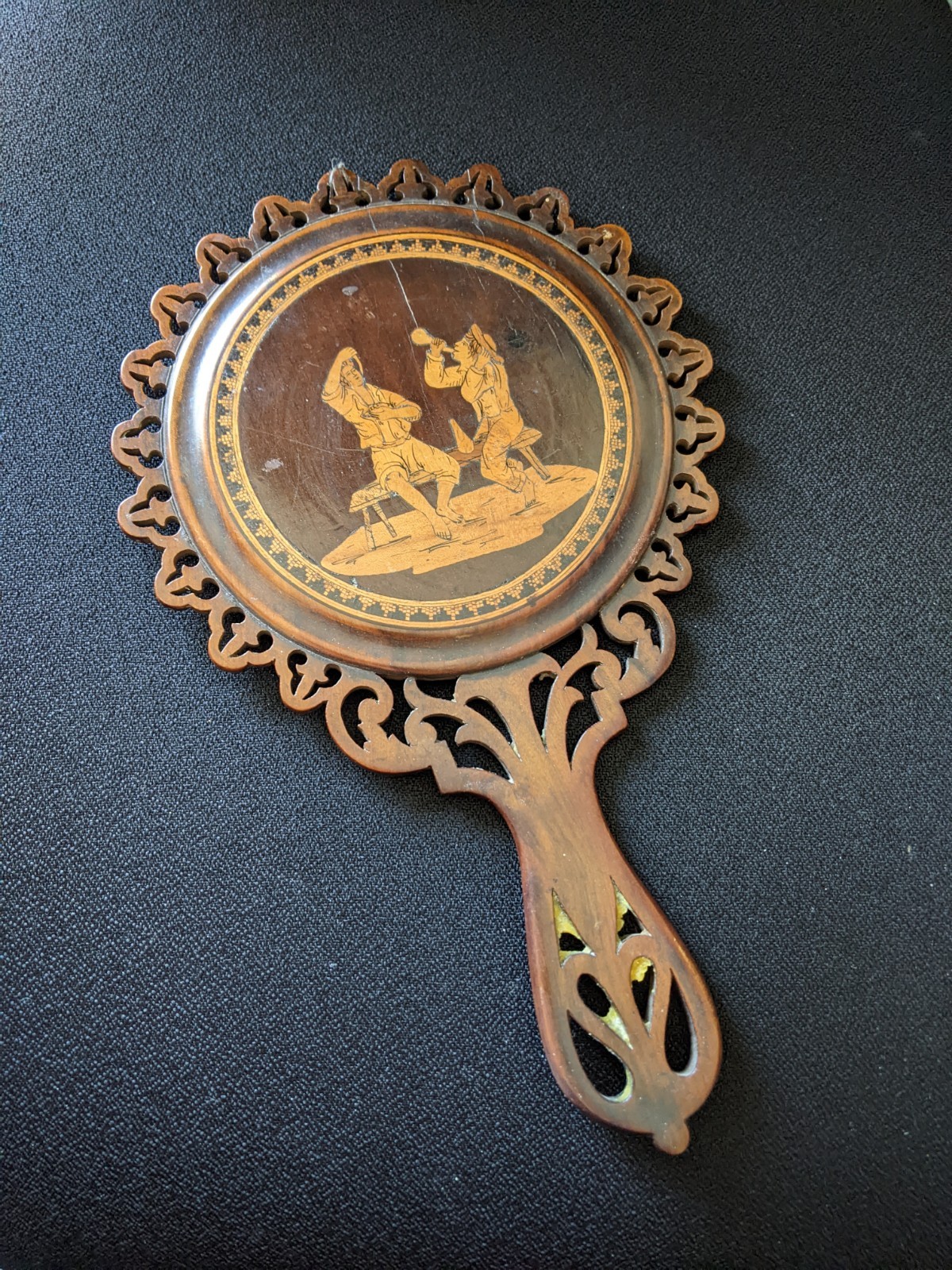 Antique 19th Century Sorrento Ware Hand Mirror Figural Bar Scene As Seen Antique 19th Century Sorrento Ware Hand Mirror Figural Bar Scene As Seen