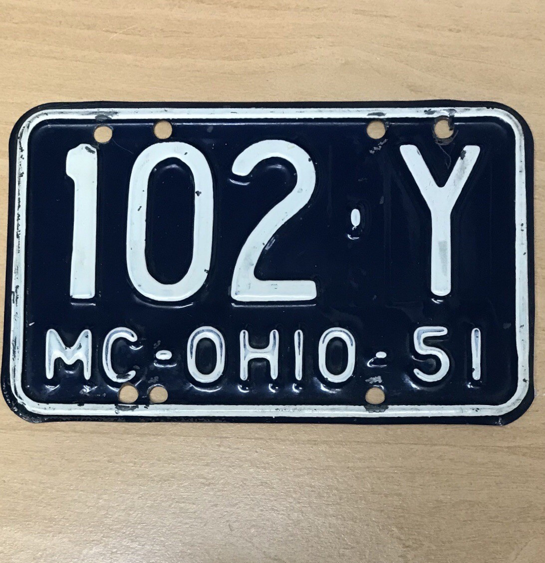 1951 Ohio Motorcycle License Plate 102 Y Original Paint Rare Very Nice Condition 1951 Ohio Motorcycle License Plate 102 Y Original Paint Rare Very Nice Condition