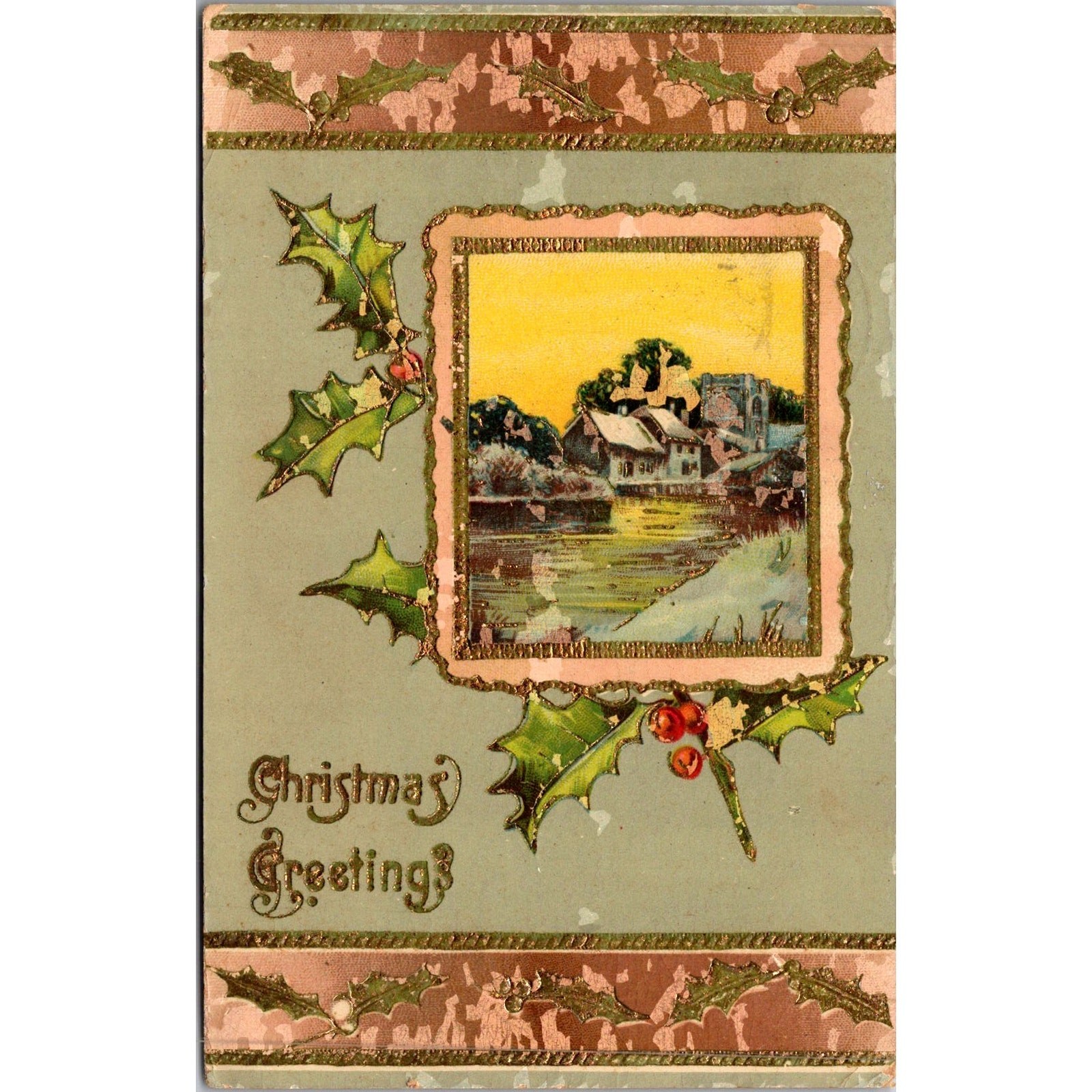 Christmas Greetings Winter Landscape & Holly Decorations Vintage Postcard SP17-4 Christmas Greetings Winter Landscape & Holly Decorations Vintage Postcard SP17-4