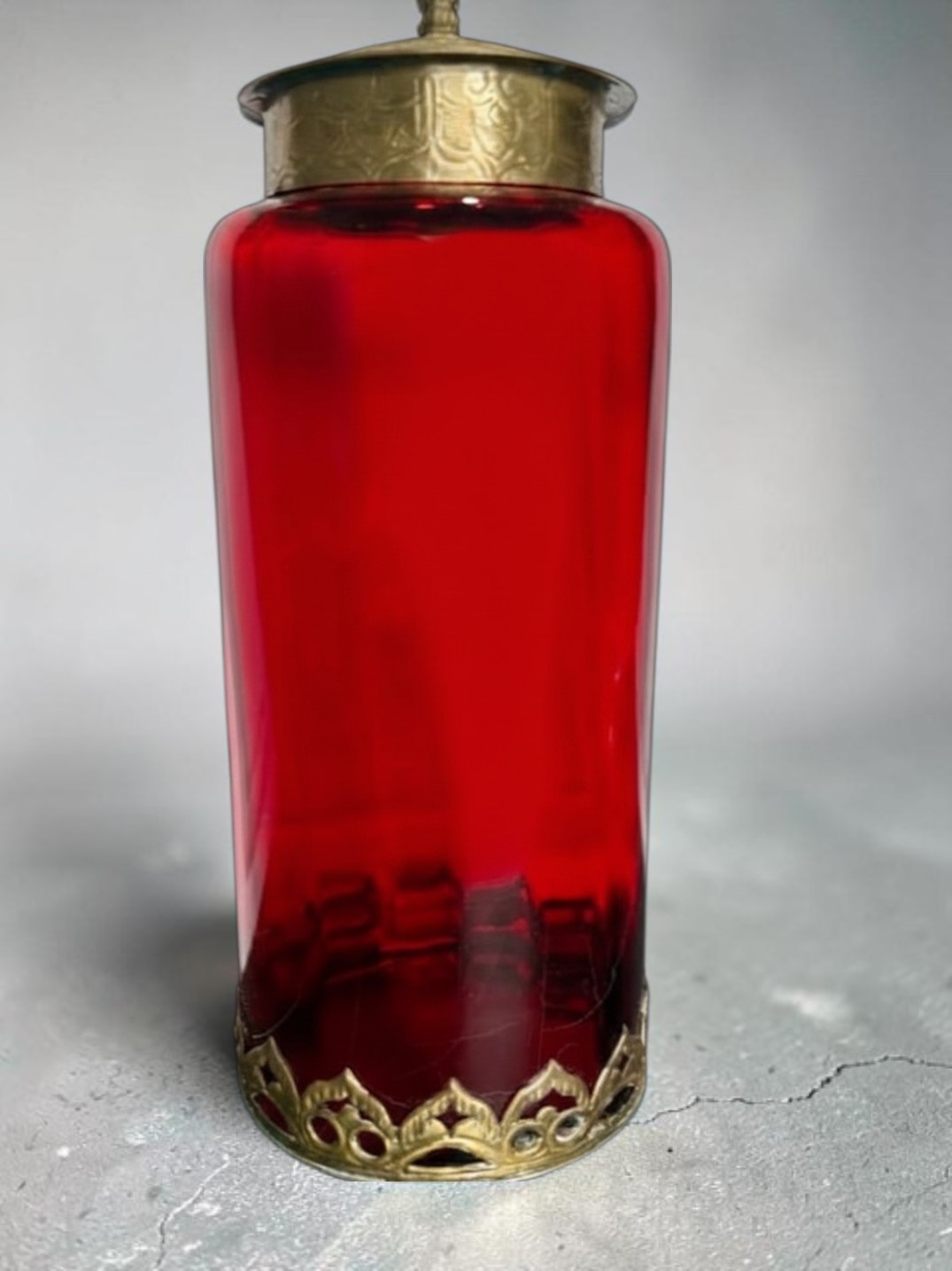 Vintage red ruby glass jar with lid Brass Filigree Hollywood Regency Vase Urn