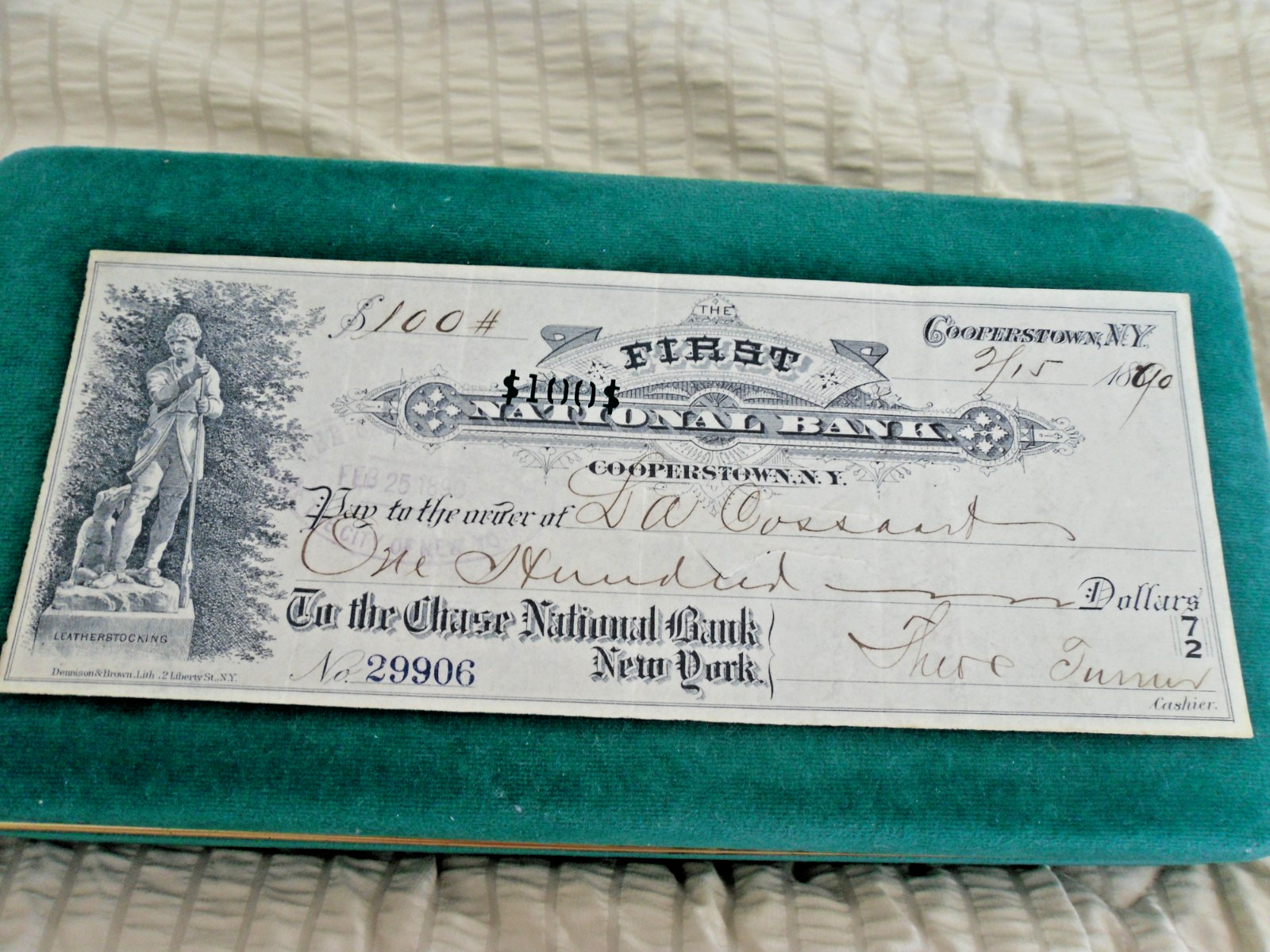 1890 First National Bank Cooperstown NY Canceled Check #29906 $100 DOLLARS 1890 First National Bank Cooperstown NY Canceled Check #29906 $100 DOLLARS