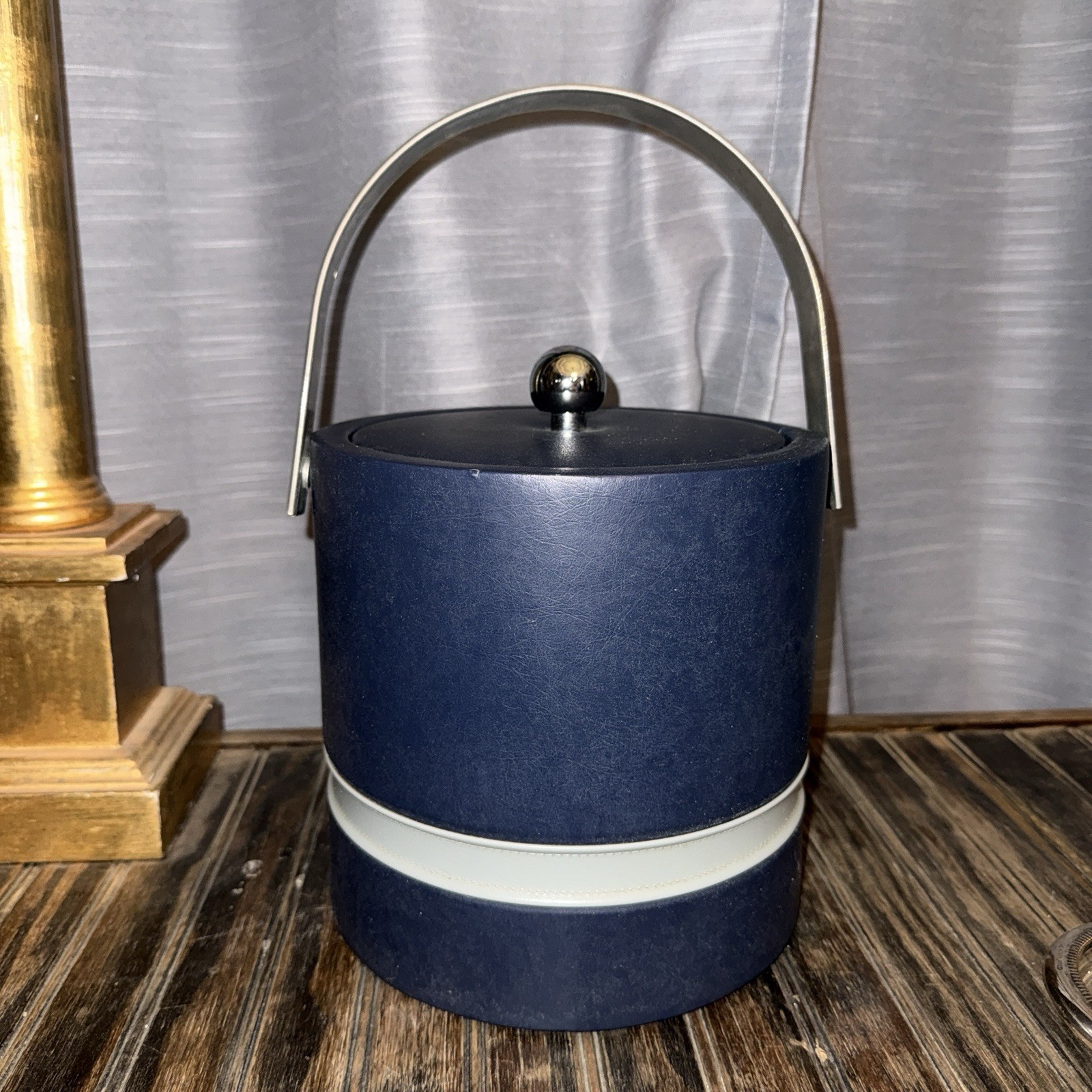 Vintage Mid Century Modern Navy Blue Ice Bucket Vinyl Faux Leather Retro Bar MCM
