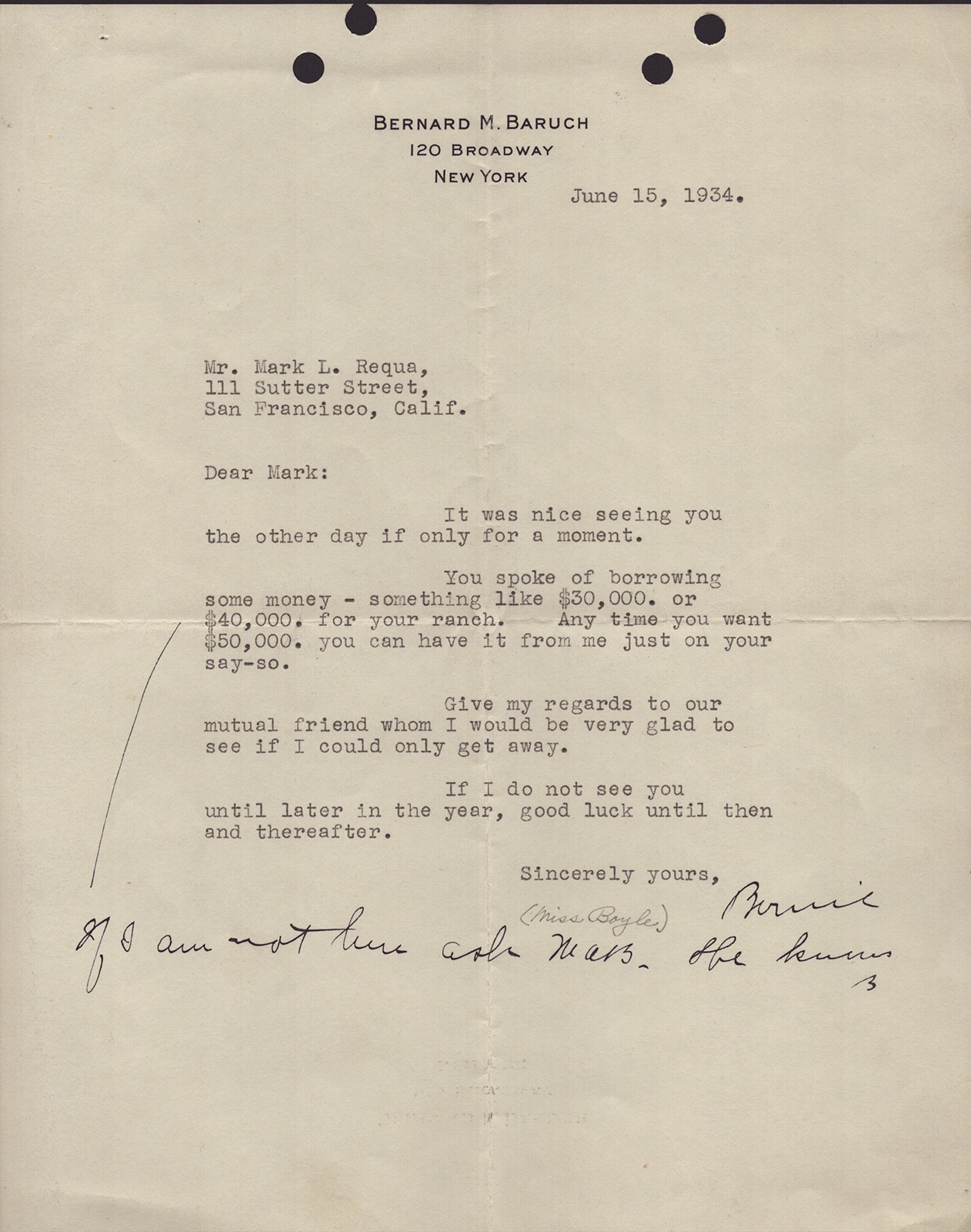 BERNARD M. BARUCH - ANNOTATED TYPED LETTER TWICE SIGNED 06/15/1934
