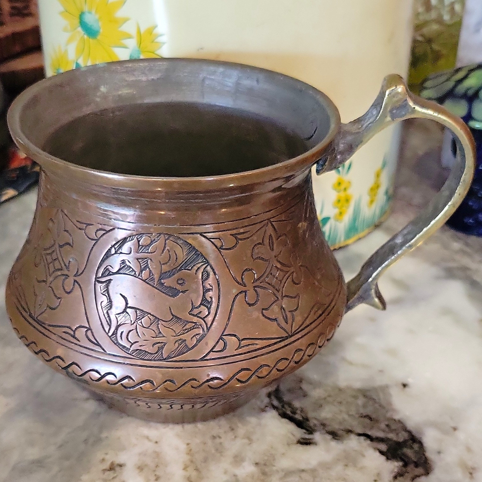 Old Handmade Engraved Copper Mug Vessel Brass Handle Fawn Deer Vintage Cottage