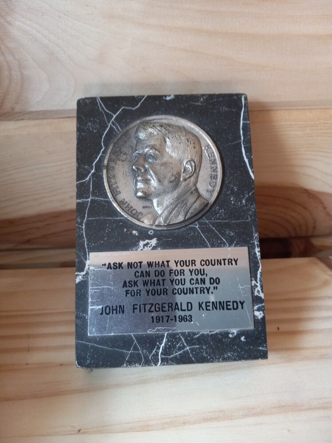 Vintage JOHN F. KENNEDY Medal on 4”x 3” Marble Base Paperweight w/“Ask Not”Quote