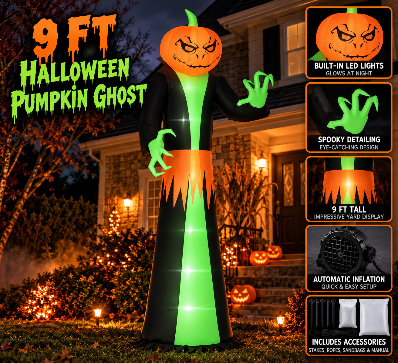 🎃 9FT Inflatable Halloween Pumpkin Ghost w/ LED Lights - Outdoor Yard Decor 🎃 9FT Inflatable Halloween Pumpkin Ghost w/ LED Lights - Outdoor Yard Decor