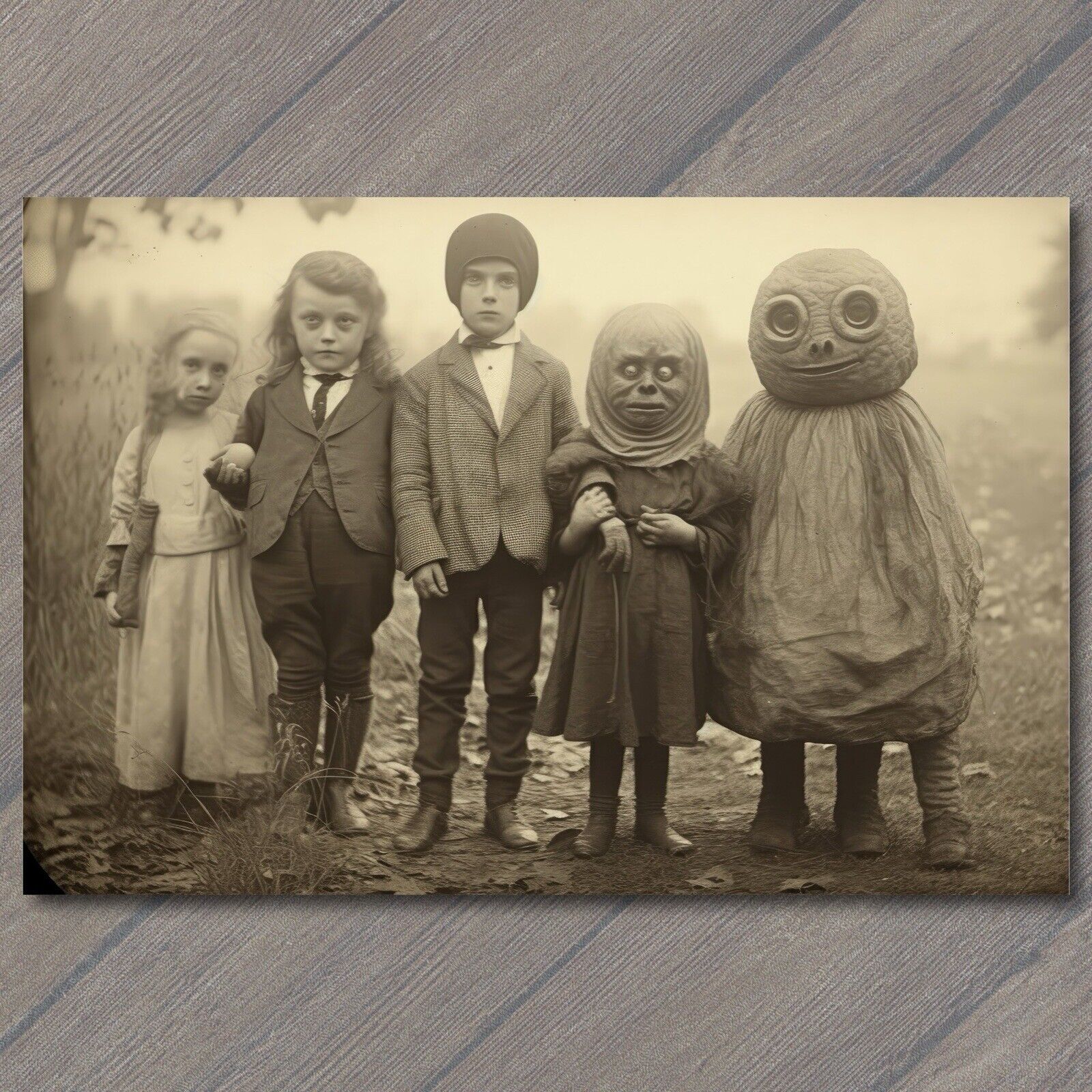 POSTCARD Weird Creepy Vintage Masks Halloween Cult Unusual Group Kids