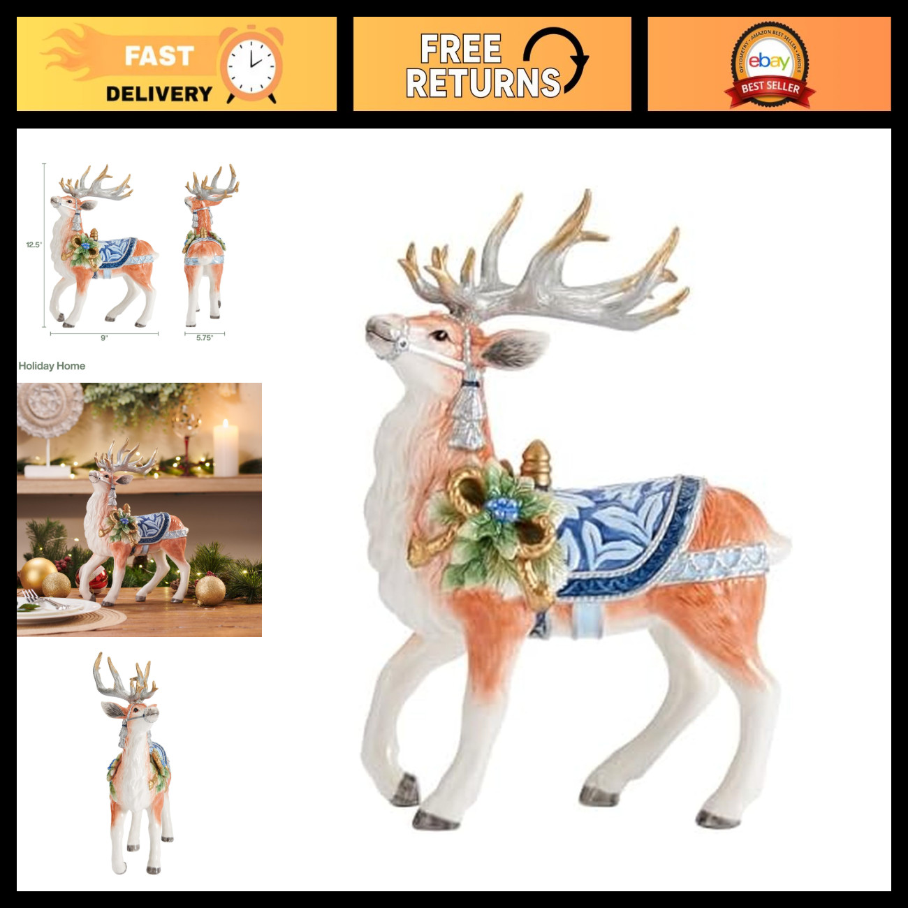 Fitz and Floyd Holiday Home Blue Deer Ceramic Figurine, 12.5 inch