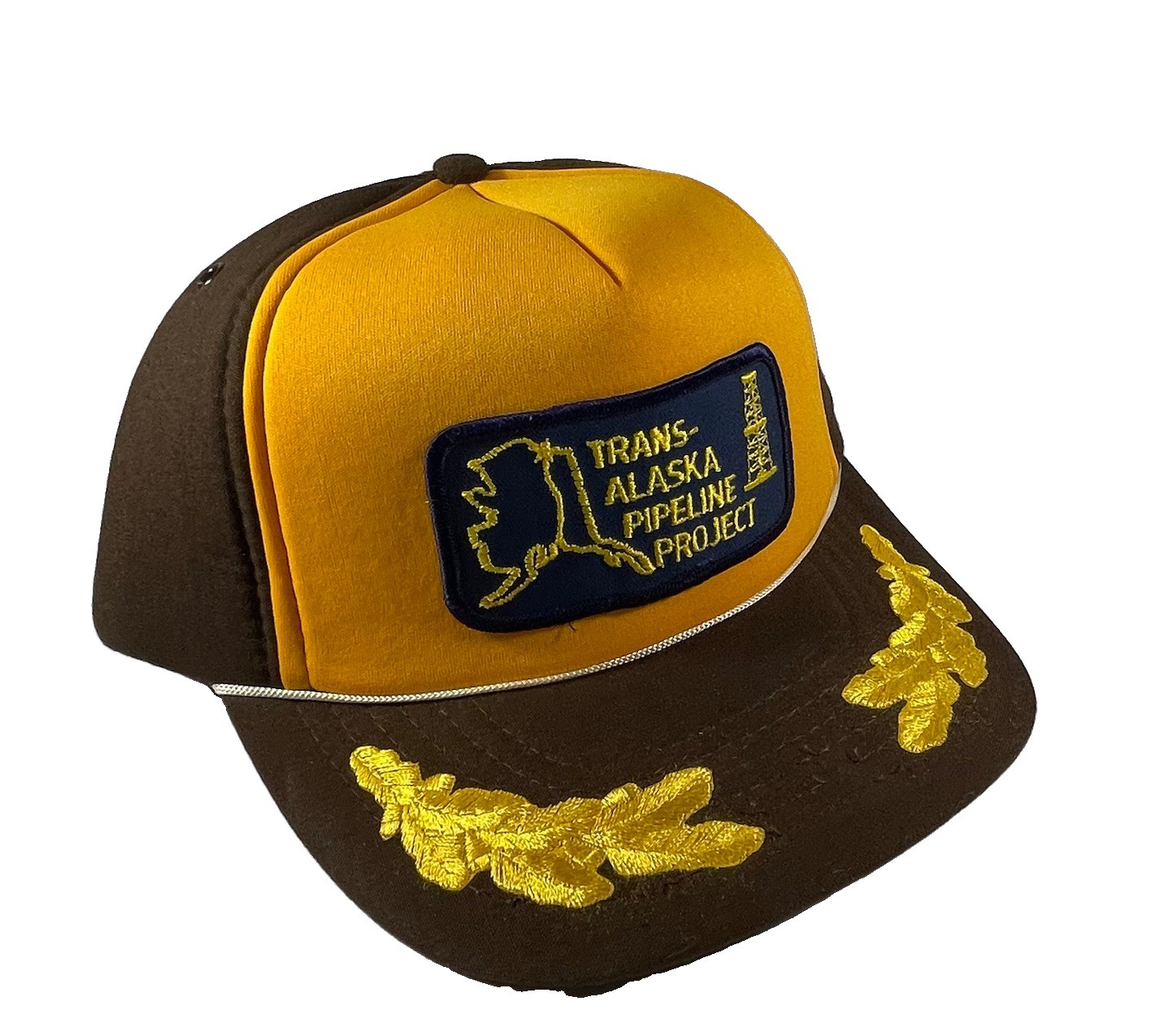 Vintage Trans Alaska Pipeline Hat-Gold & Brown-Snapback Oak Leaf Brim-Taiwan Vintage Trans Alaska Pipeline Hat-Gold & Brown-Snapback Oak Leaf Brim-Taiwan