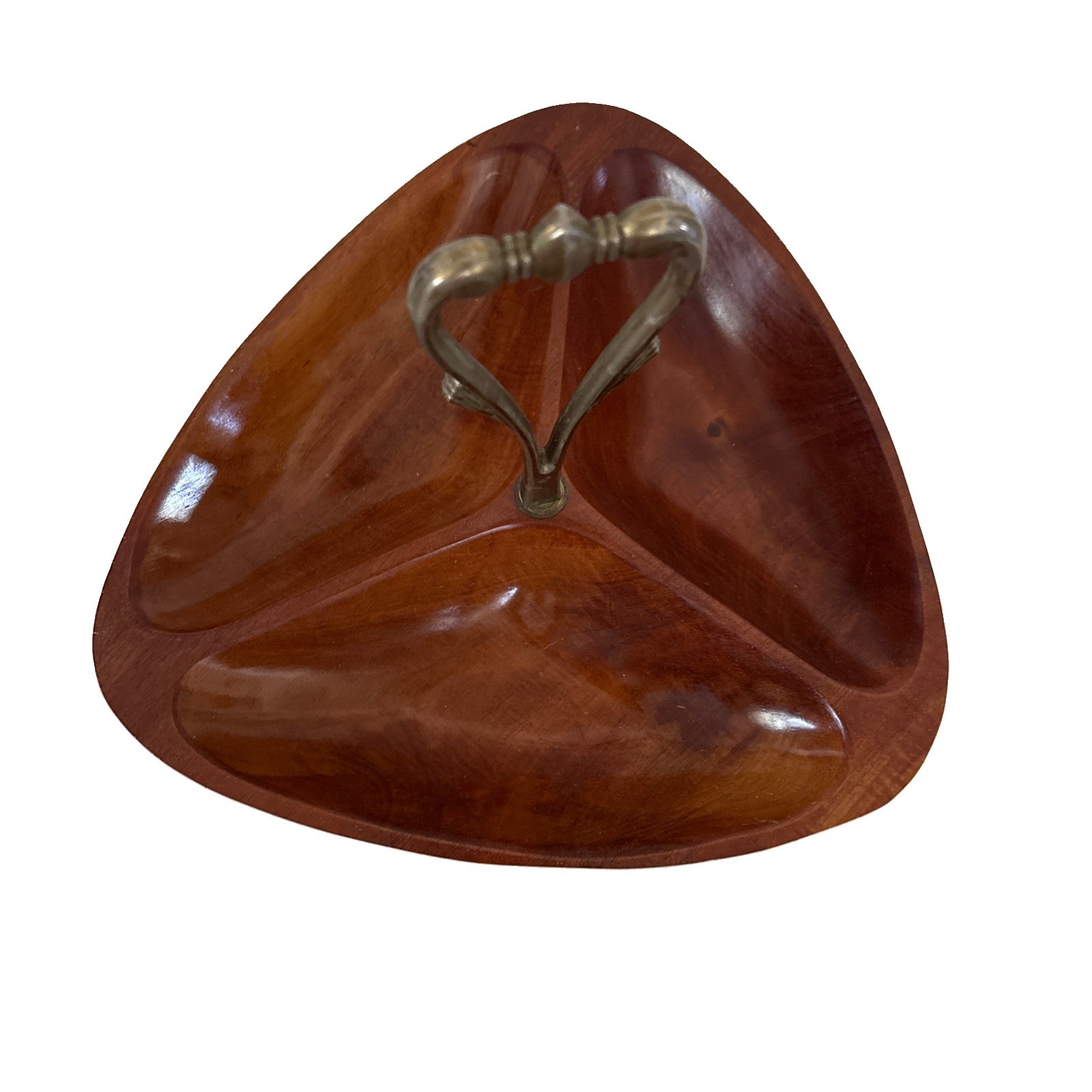 Kromex MCM Divided Wood Nut Mint Dish Triangular Shaped Bowl w Handle 10" Vtg