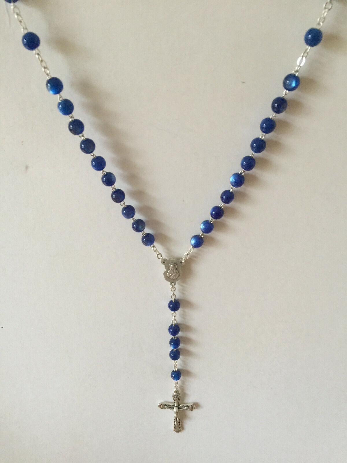Elegant and Exquisite Madonna Child Rosary Silver and blue rhinestones Necklace 