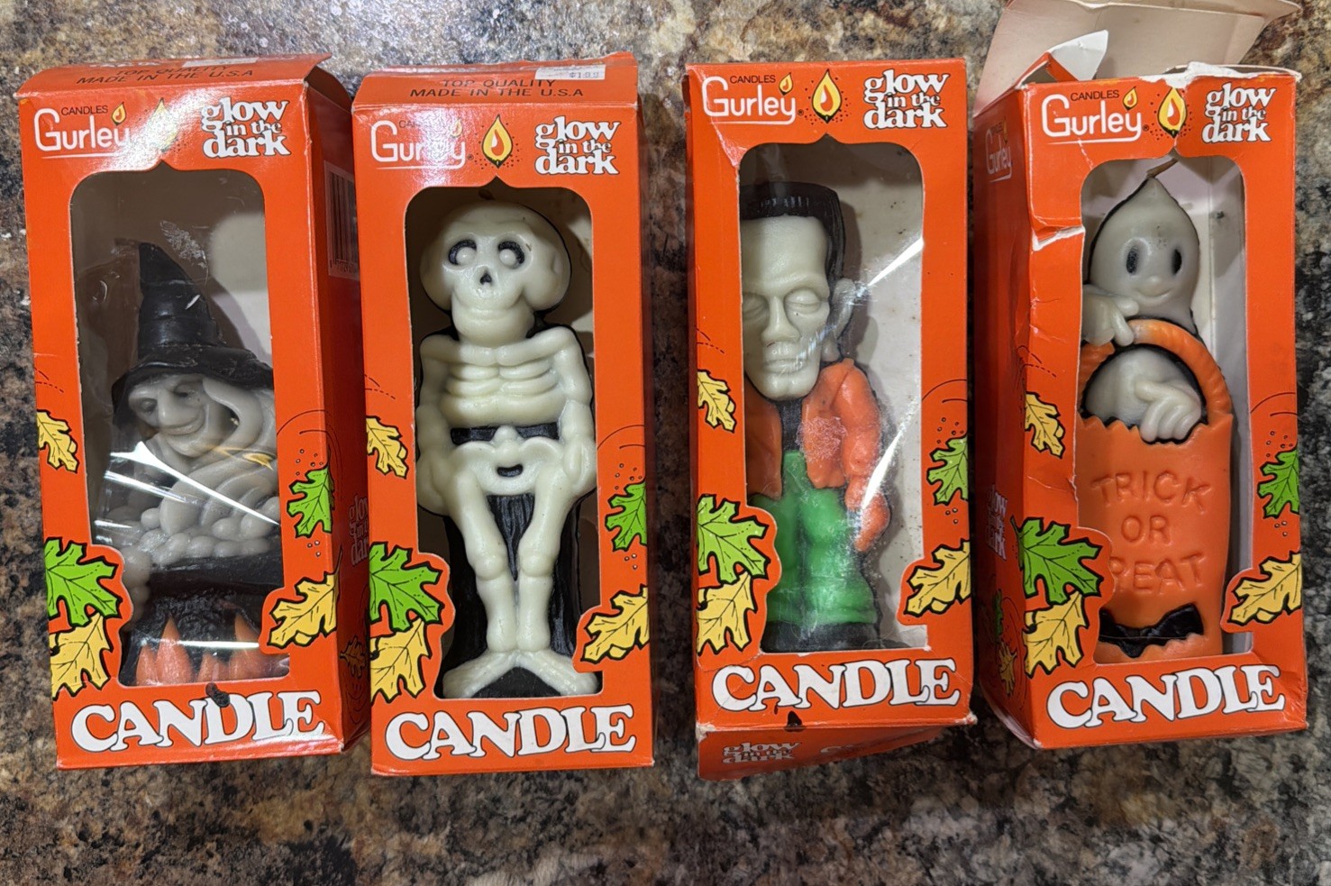 VINTAGE GURLEY GLOW IN THE DARK HALLOWEEN SET Of 4 Candles In Boxes-Made in USA VINTAGE GURLEY GLOW IN THE DARK HALLOWEEN SET Of 4 Candles In Boxes-Made in USA