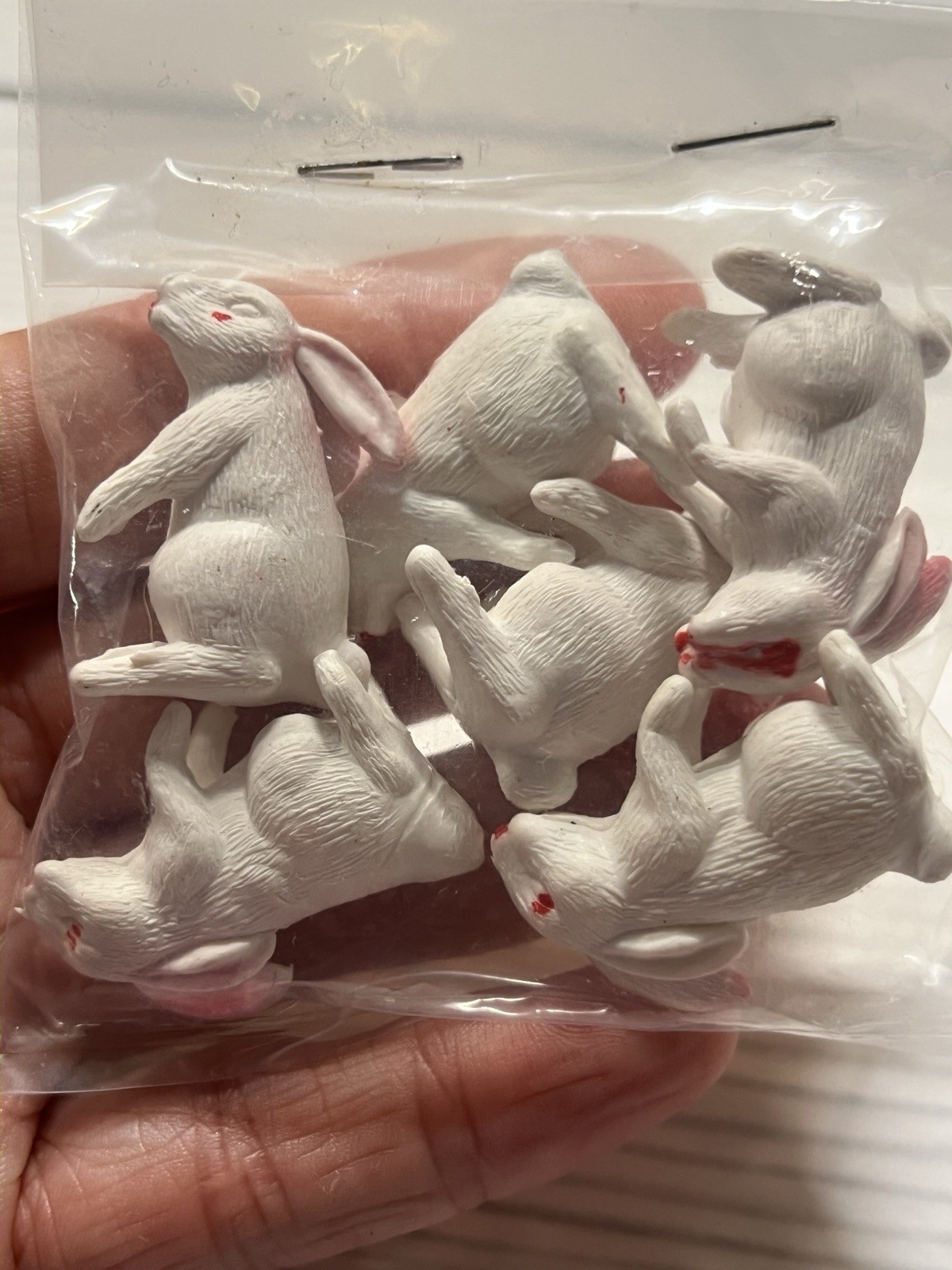 6 Mini Vintage White Hard Plastic Rabbits w/Pink Eyes & Nose Hong Kong, Easter 6 Mini Vintage White Hard Plastic Rabbits w/Pink Eyes & Nose Hong Kong, Easter
