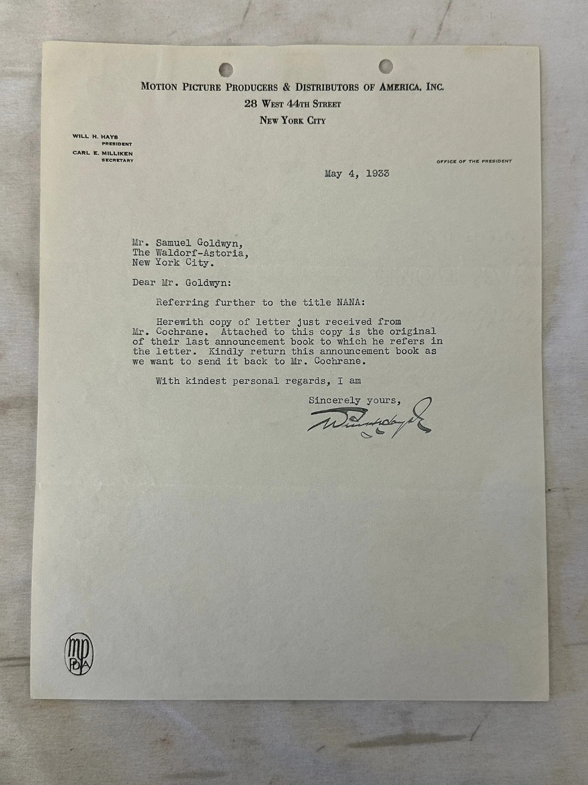 Will Hays Signed Letter to Samuel Goldwyn MGM Hollywood Movie 1933 "Hays Code" Will Hays Signed Letter to Samuel Goldwyn MGM Hollywood Movie 1933 "Hays Code"