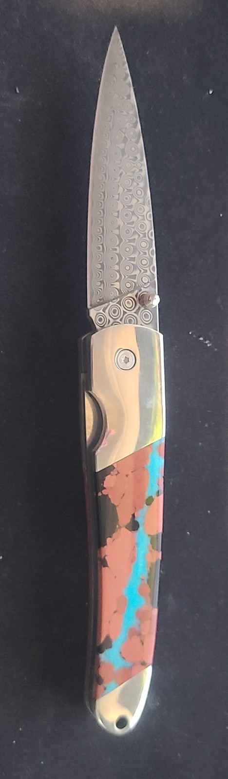 Damascus Collection Vein Turquoise 4" Liner Lock Knife with Clip. Damascus Collection Vein Turquoise 4" Liner Lock Knife with Clip.