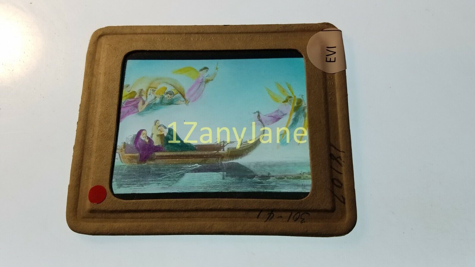 EVI HISTORIC Magic Lantern GLASS Slide MAN AND WOMAN HIT ROCKS WITH BOAT ANGELS
