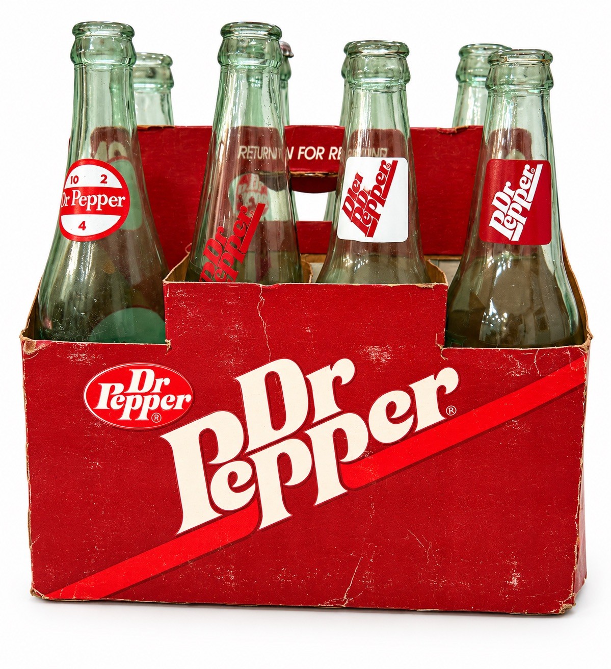 Vintage 1970s Dr Pepper Soda Bottle Carrier With 8 Empty DP Bottles 10 Oz Vintage 1970s Dr Pepper Soda Bottle Carrier With 8 Empty DP Bottles 10 Oz