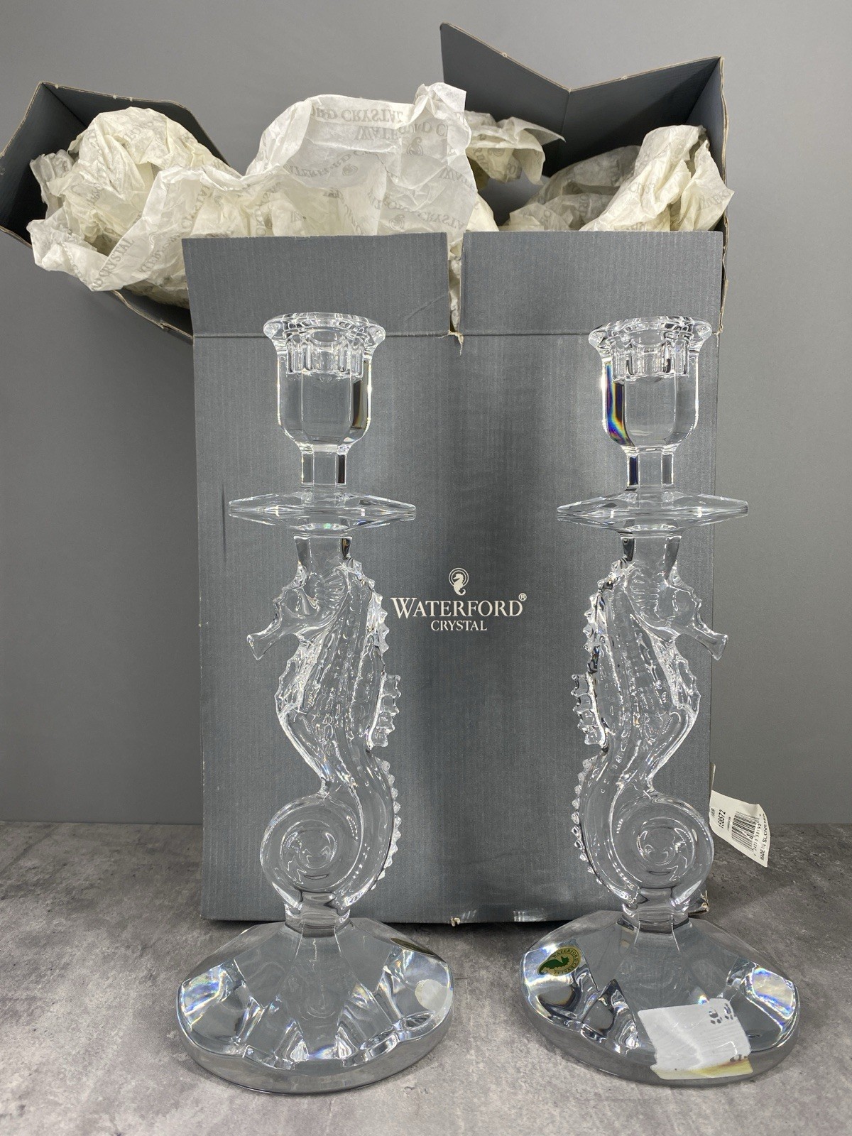 Waterford Pair Crystal Seahorse Candlesticks Candle Holders Original Box NWT
