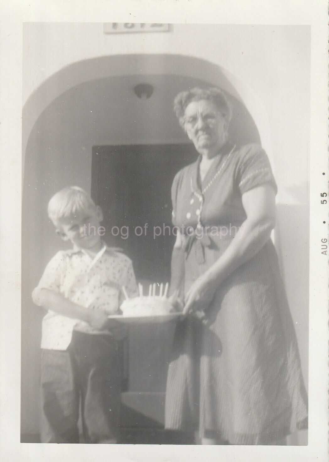 BIRTHDAY BOY WITH GRANDMA 1950's Cake FOUND PHOTO bw Original Snapshot 97 10