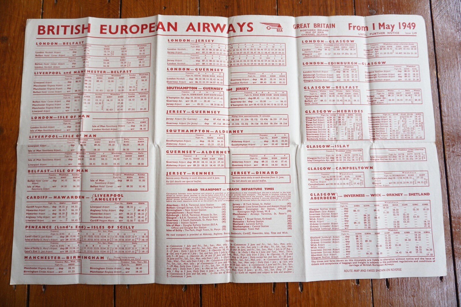 1949 BEA Great Britain ISle Of Man Channel Islands Airline Timetable Schedule 1949 BEA Great Britain ISle Of Man Channel Islands Airline Timetable Schedule
