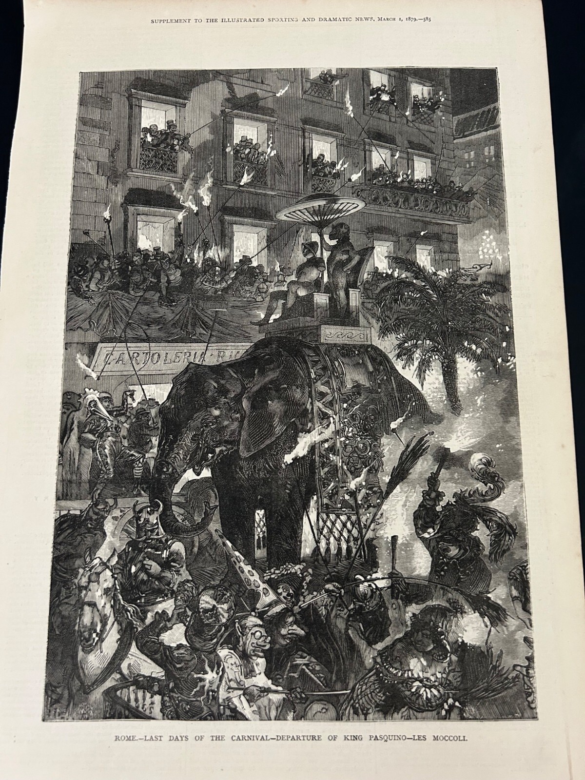 Antique 1879 Engraving Of Romes Carnival Featuring King Pasquino On Elephant Antique 1879 Engraving Of Romes Carnival Featuring King Pasquino On Elephant