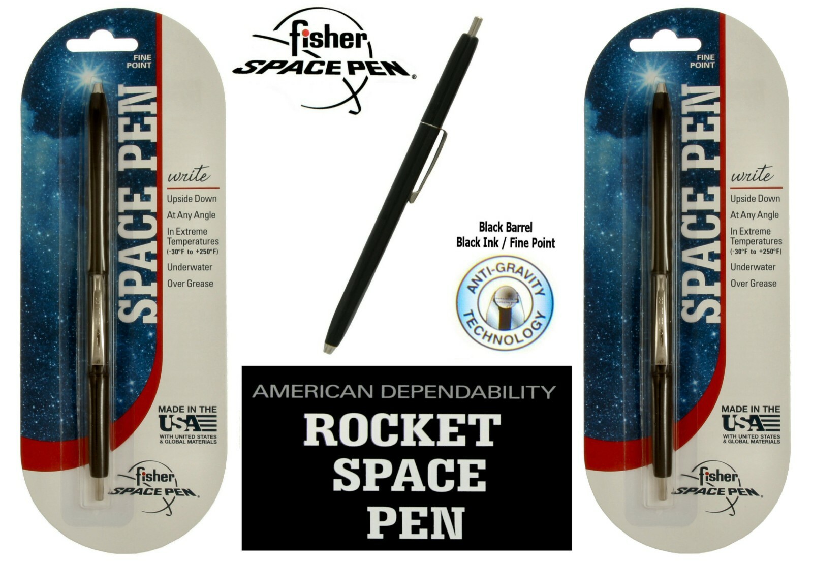 Two (2) New Fisher Space Pens #SPR84 / Black Rocket Pens With Black Ink Two (2) New Fisher Space Pens #SPR84 / Black Rocket Pens With Black Ink