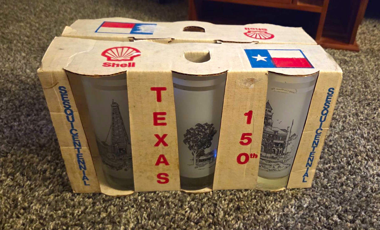 Shell Texas Sesquicentennial 150th Anniversary Glasses Set of 6 w/ Carrier Shell Texas Sesquicentennial 150th Anniversary Glasses Set of 6 w/ Carrier