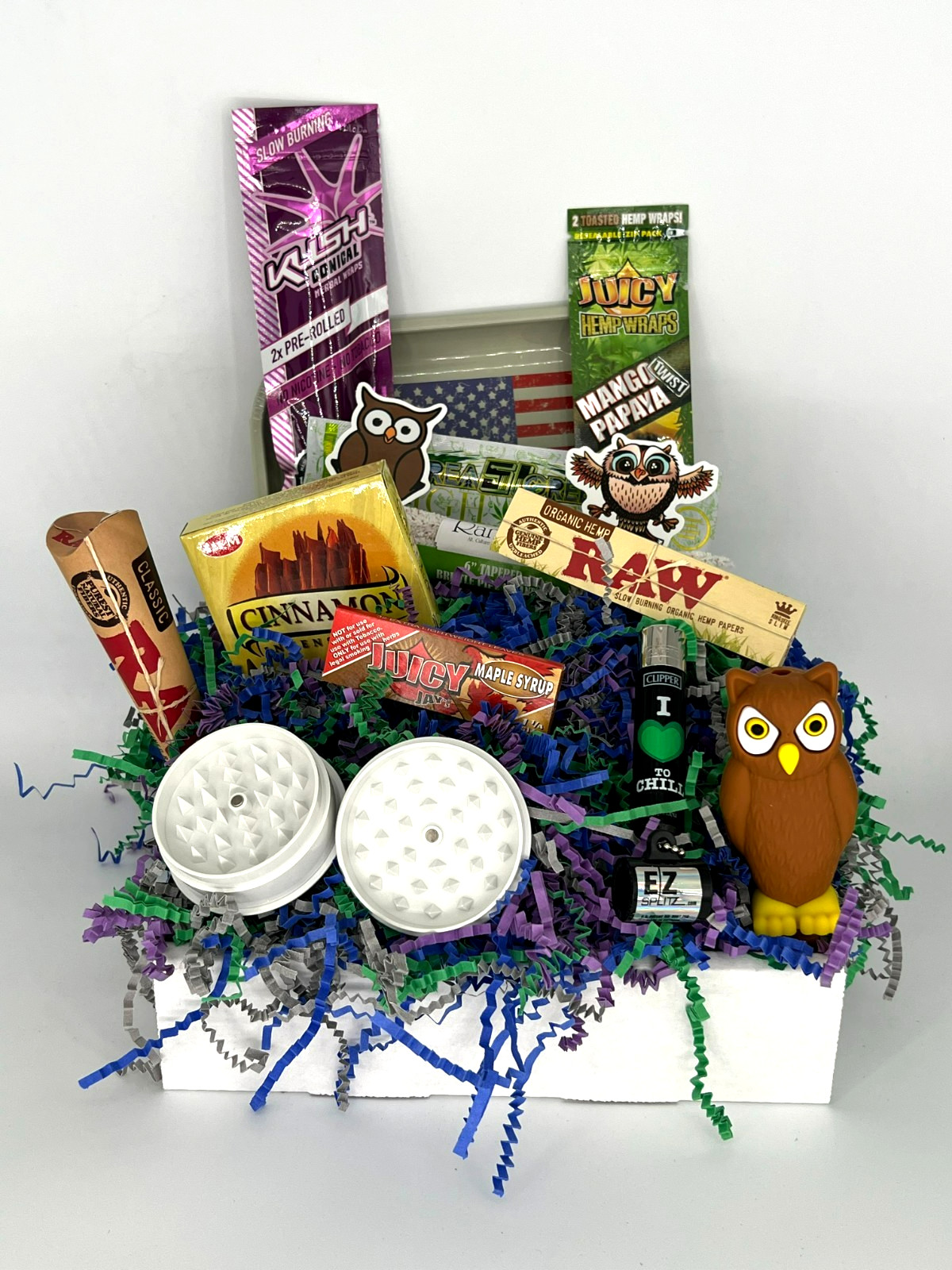 15 PCS - 4" OWL SILICONE PIPE GLASS BOWL SMOKING GIFT SET BASKET - PHOENIX STAR