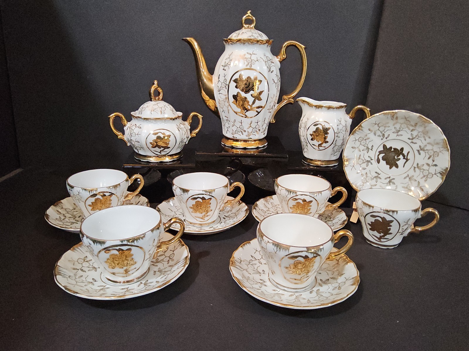 Vintage Sterling China Japan Gold Demitasse Coffee Set Lot of 17 pieces EXC