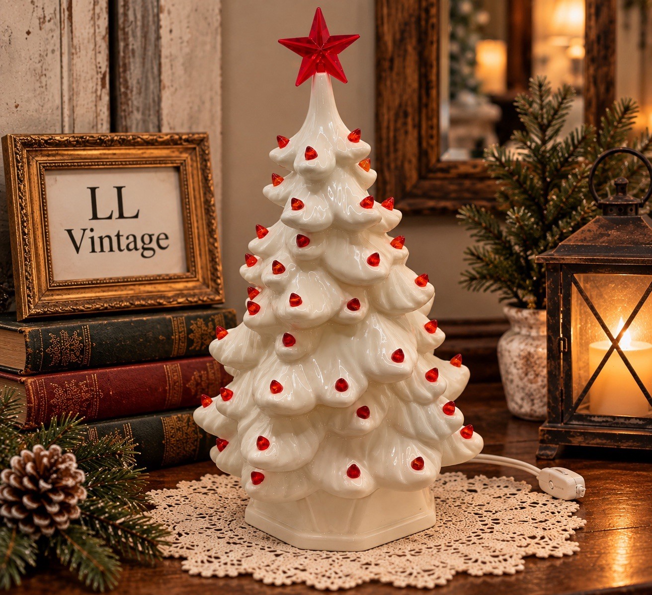 Ceramic Christmas Tree Holland Mold Vintage NOS 11” White Red Twinkle Lights Ceramic Christmas Tree Holland Mold Vintage NOS 11” White Red Twinkle Lights