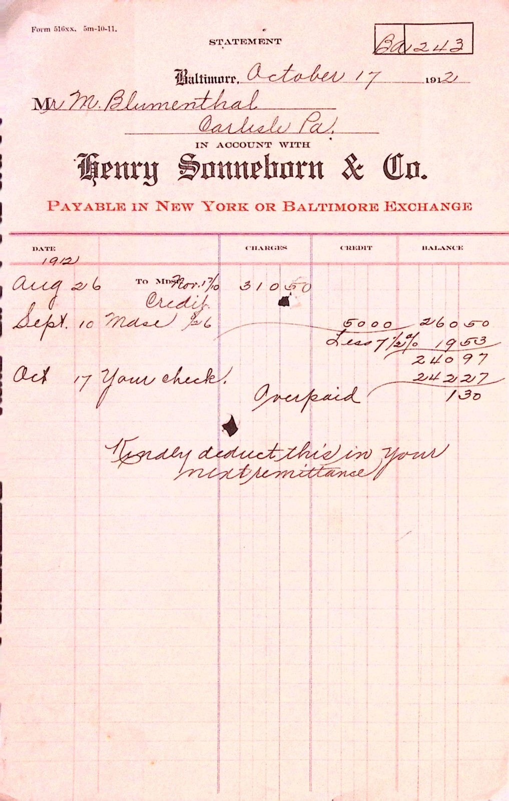 1912 Henry Sonneborn & Co Billhead Invoice Receipt Baltimore Carlisle PA