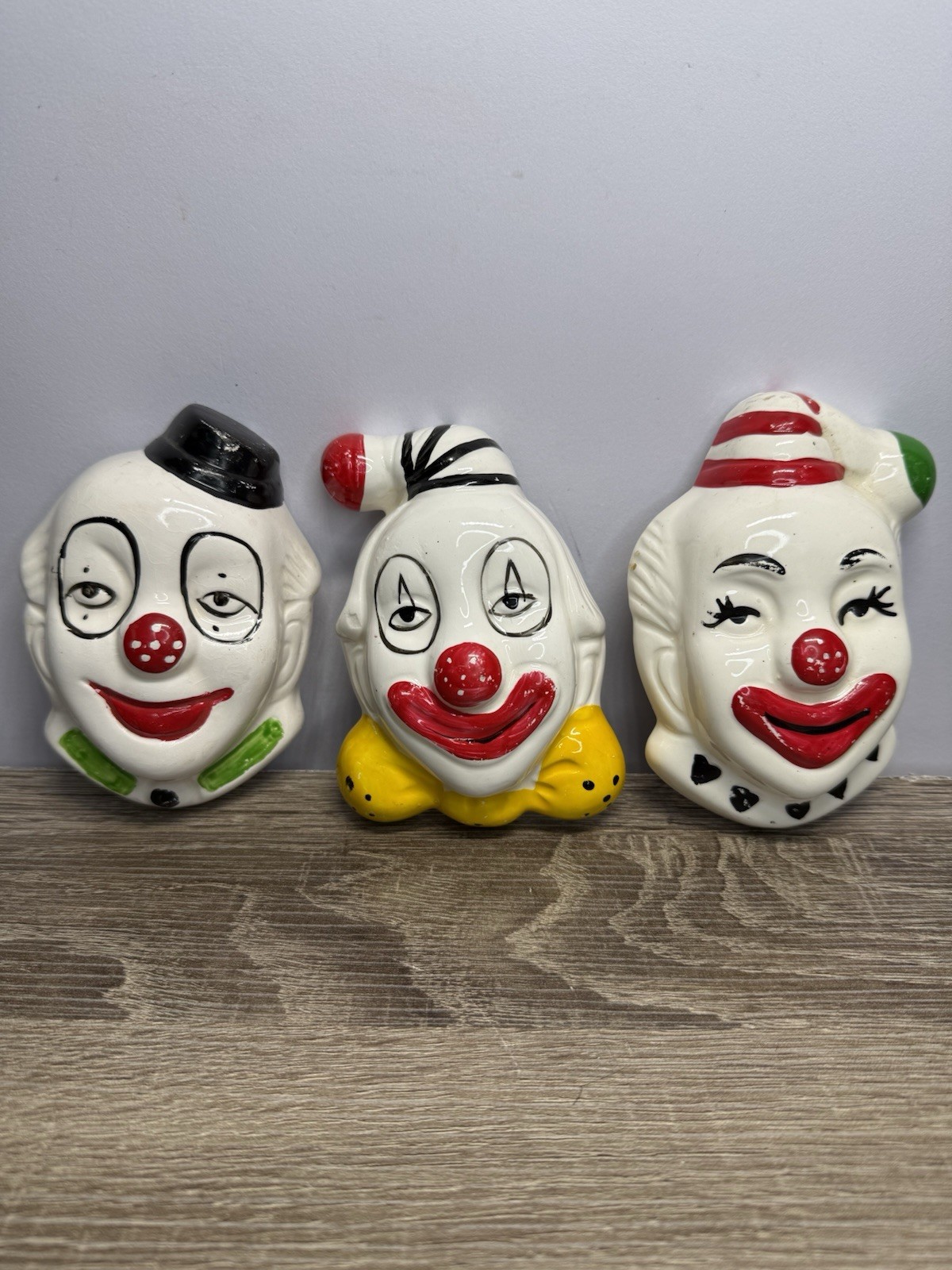 3 Vtg 80s Ceramic Hanging Sofia Ann Clown Heads Bowtie Collar Creepy Weird