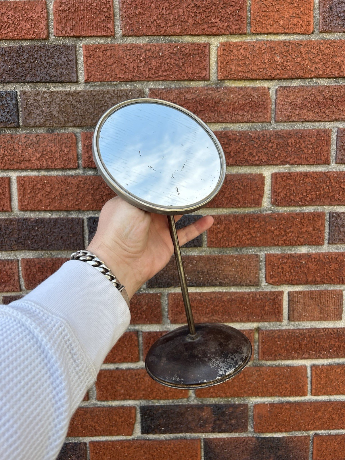Vintage Primitive Antique Nickel Adjustable Shaving Mirror Good Patina Vintage Primitive Antique Nickel Adjustable Shaving Mirror Good Patina