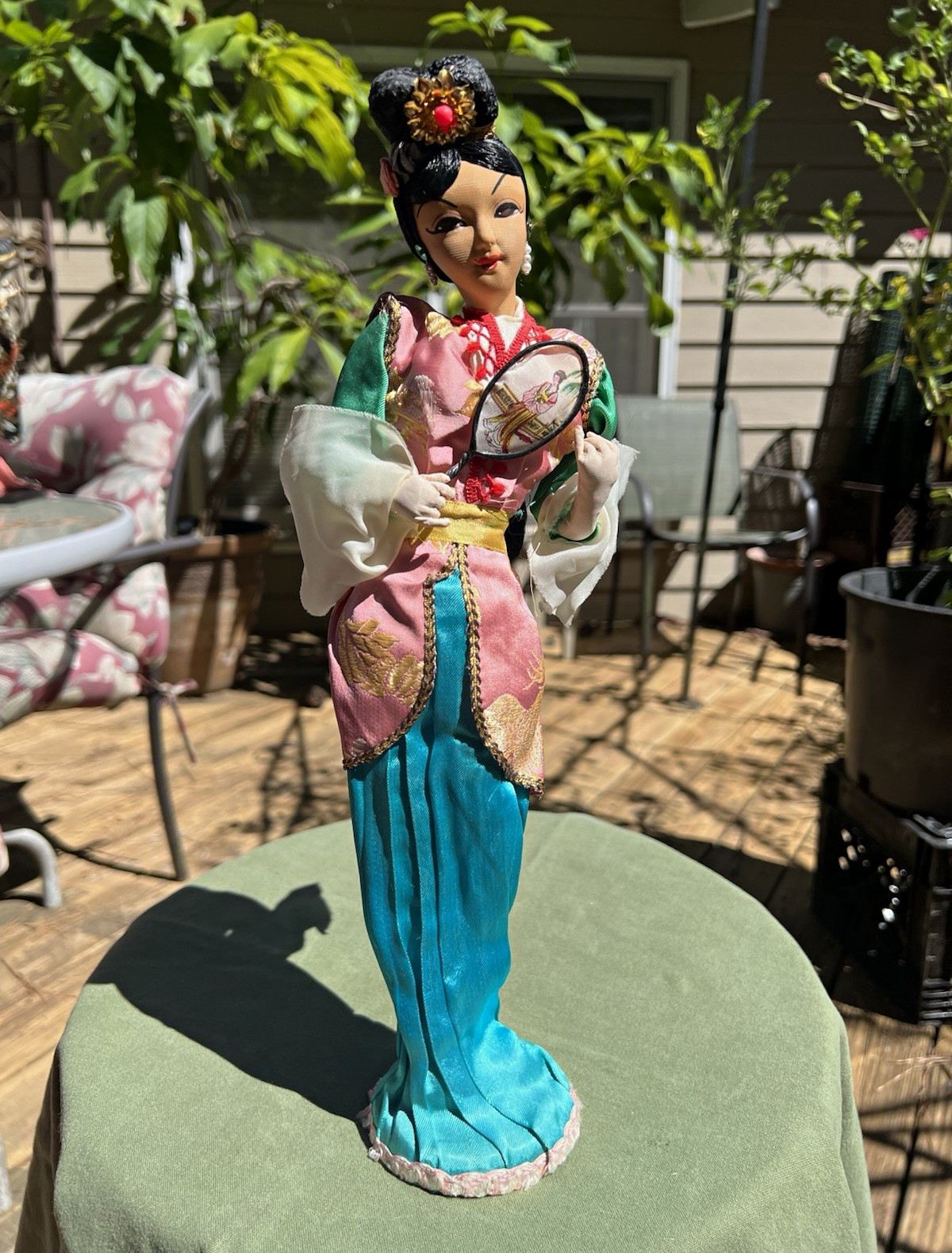 Vintage 1970s Chinese Costume Doll 15” Embroidered Fan Brocade Display Figure Vintage 1970s Chinese Costume Doll 15” Embroidered Fan Brocade Display Figure