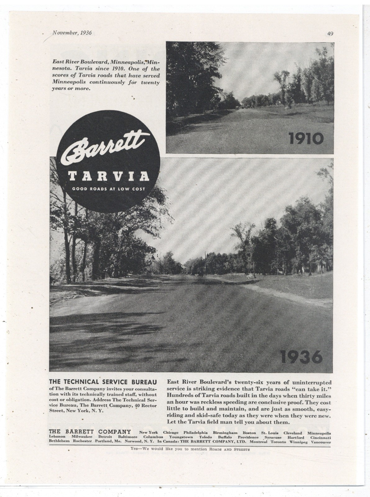 1936 Tarvia Ad: Minneapolis, Minnesota - East River Boulevard 1910 & 1936 Pics 1936 Tarvia Ad: Minneapolis, Minnesota - East River Boulevard 1910 & 1936 Pics