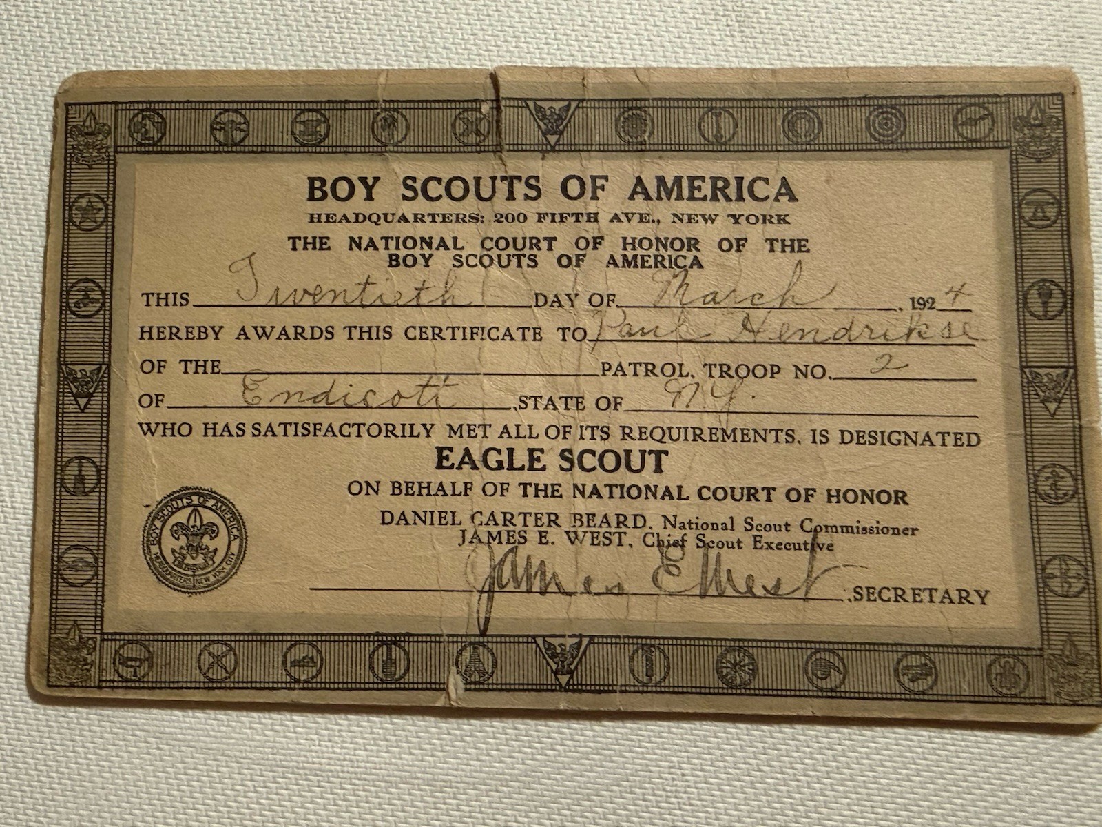 National Court Of Honor Boy Scouts Of America 1924 Hand Signed By James E West National Court Of Honor Boy Scouts Of America 1924 Hand Signed By James E West