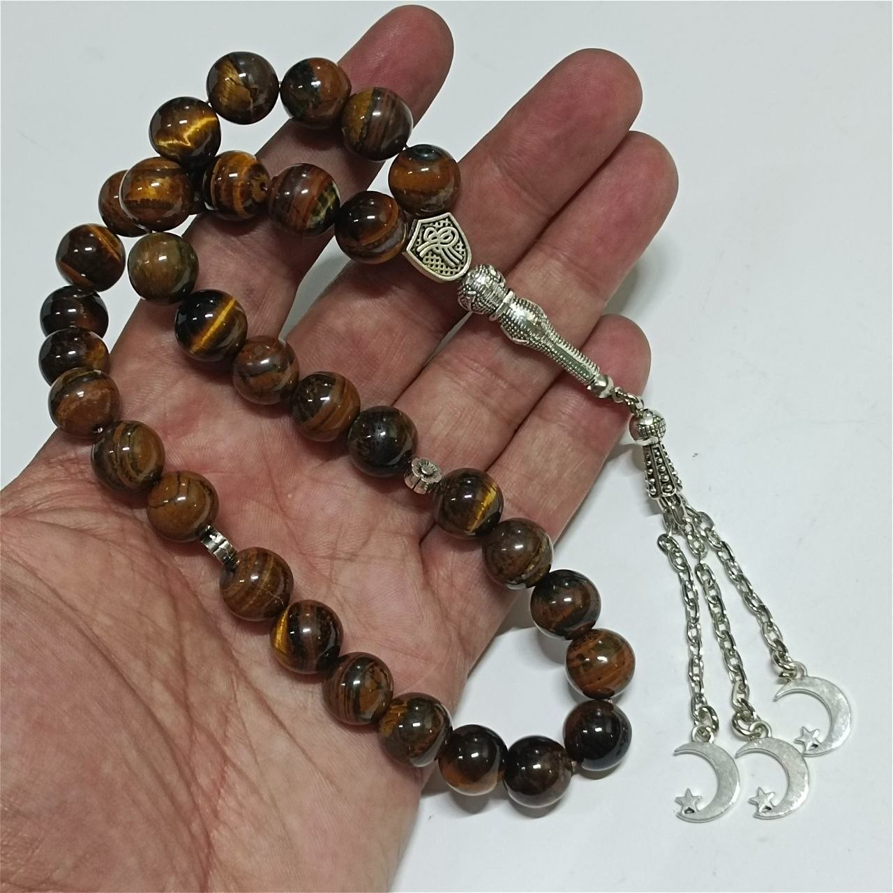 Handmade 33 Bead Synthetic Tiger Eye Islamic Tasbih with Silver Tassel