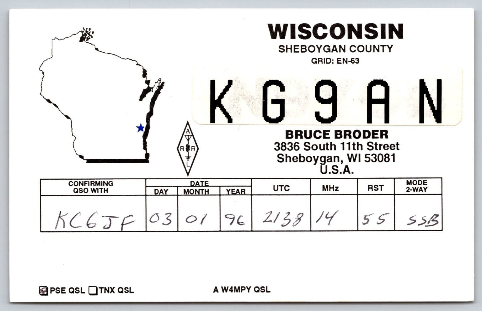1996 Wisconsin Sheboygan County QSL Card KG9AN Bruce Broder Ham Radio A12 1996 Wisconsin Sheboygan County QSL Card KG9AN Bruce Broder Ham Radio A12