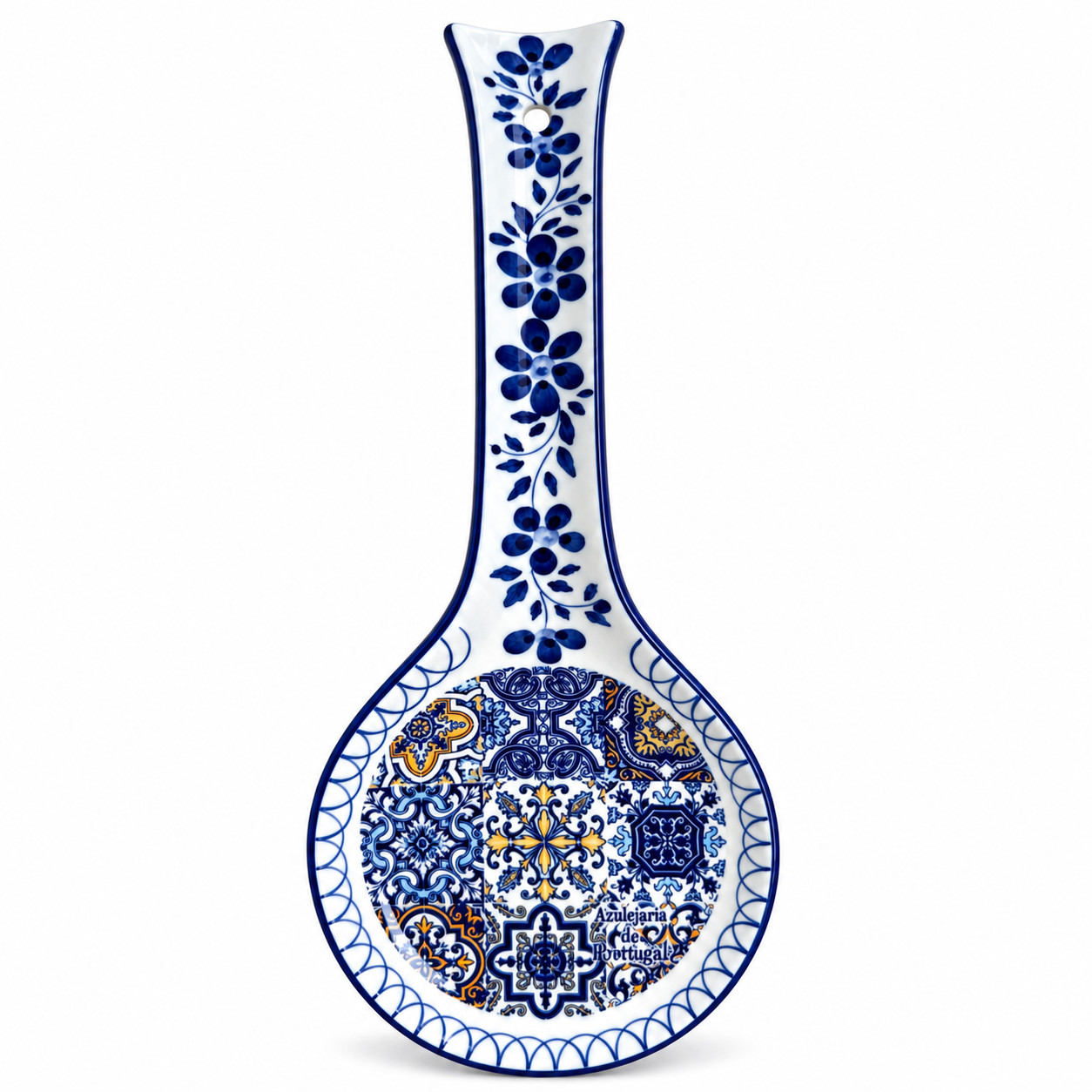 Hand-Painted Portuguese Ceramic Spoon Rest – Mixed Azulejo Design, 10" Hand-Painted Portuguese Ceramic Spoon Rest – Mixed Azulejo Design, 10"
