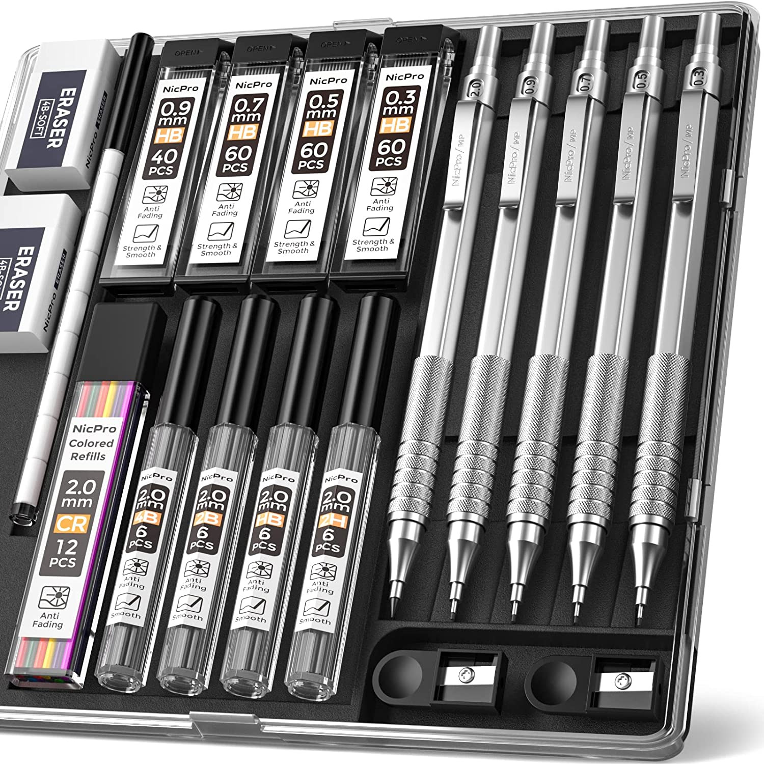 Nicpro 5 PCS Art Mechanical Pencil Set, Metal Drafting Pencils 0.3, 0.5, 0.7, 0.
