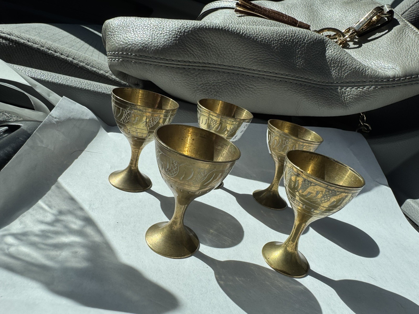 Vintage Set of 5 Etched Brass Mini Goblets Chalices Cordial Cups Barware India Vintage Set of 5 Etched Brass Mini Goblets Chalices Cordial Cups Barware India