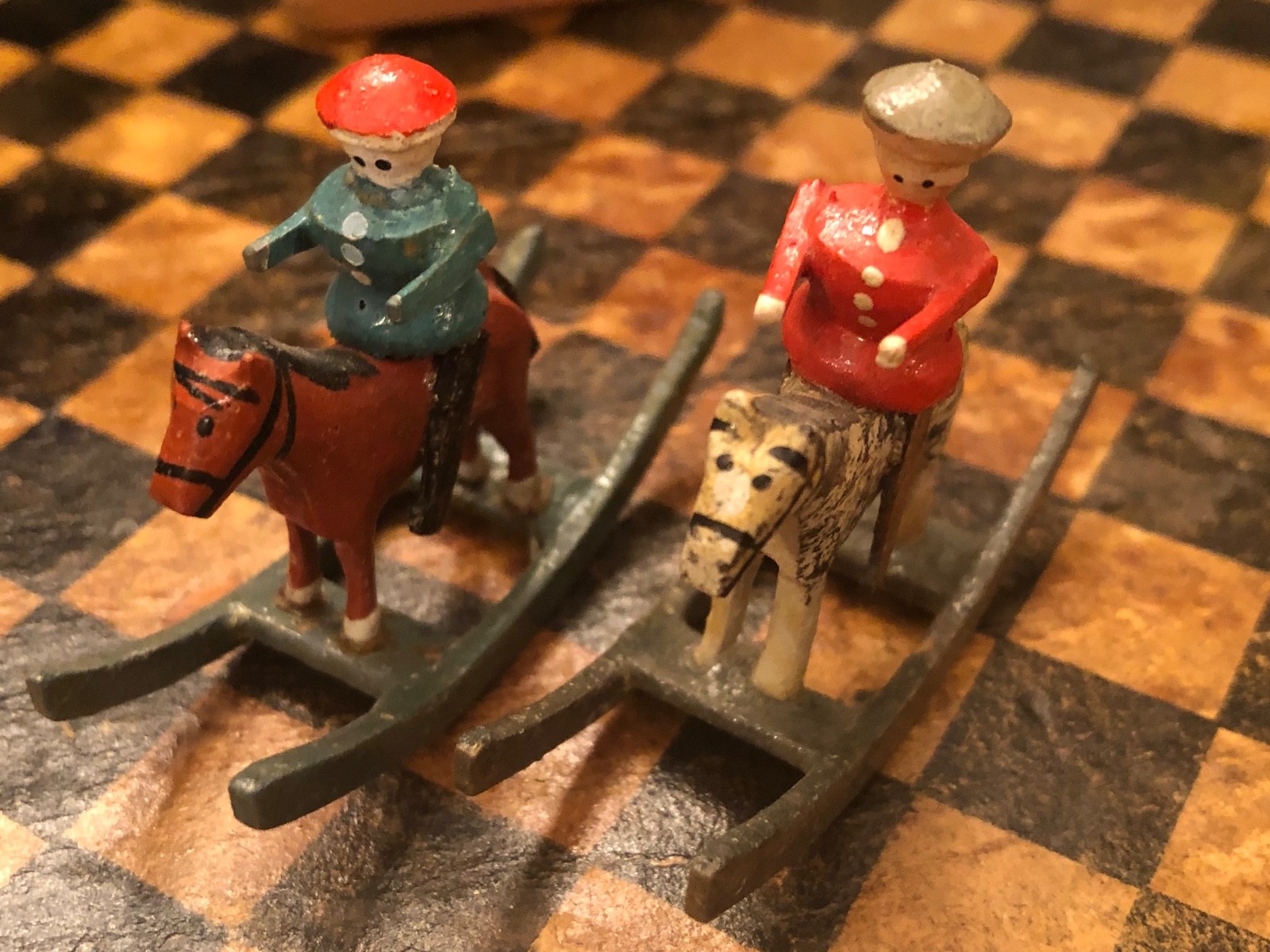 Antique Erzgebirge Folk Art Reiterlein Rocking Horse Figures Miniature