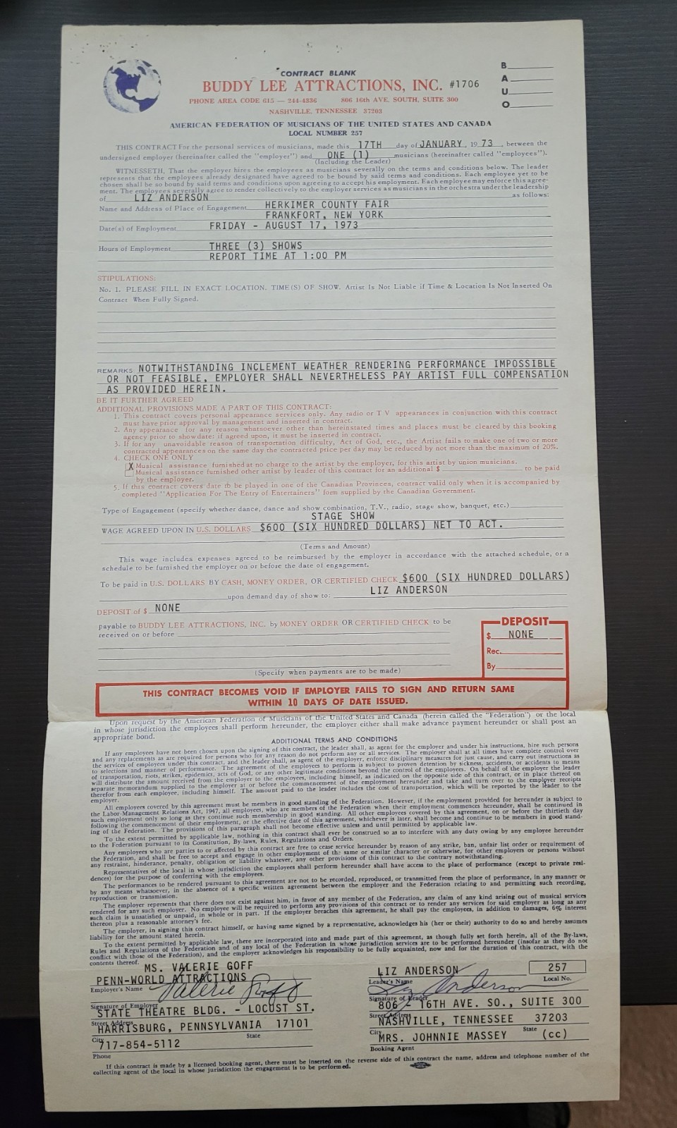 Liz Anderson 1973 Signed Concert Contract & Country Music Songwriter Legend
