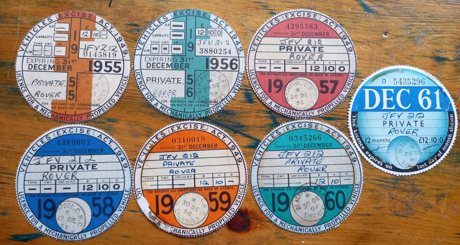 Museum Rare 7-Year Consecutive Run Vtg UK Tax Discs 1955-1961 Rover Car JFV 212 Museum Rare 7-Year Consecutive Run Vtg UK Tax Discs 1955-1961 Rover Car JFV 212