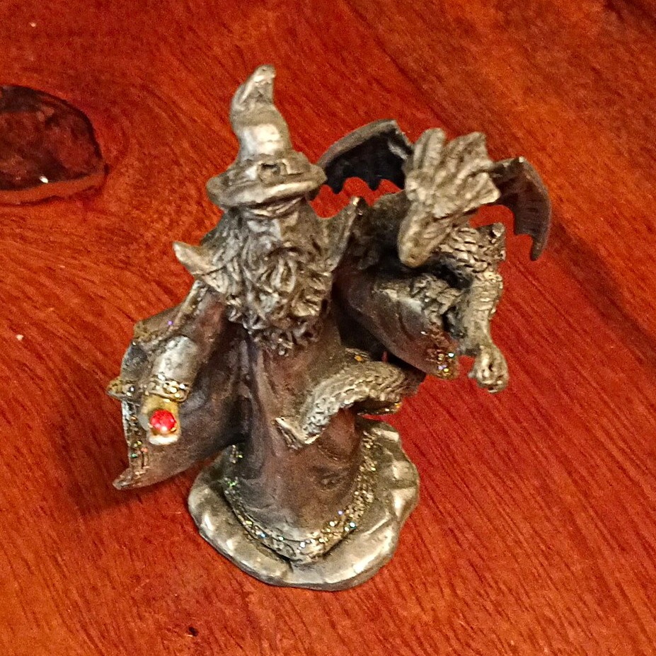 Pewter Fantasy Wizard Figurine with Dragon Companion - Wizard Subject
